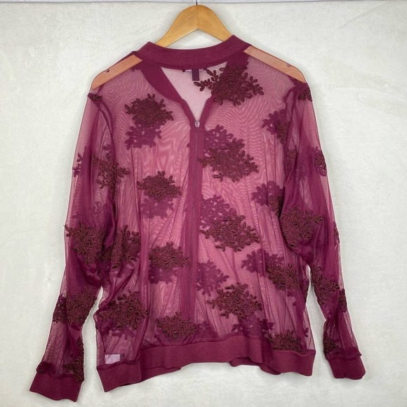 Torrid Deep Red Full Zip Long Sleeve Mesh Floral Bomber Sheer Jacket Size 3X - Picture 7 of 8